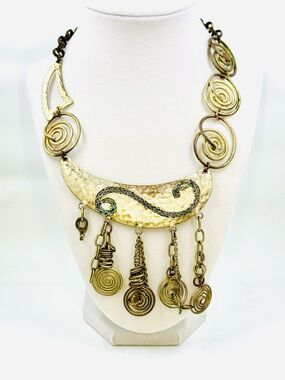 FM Gold-Tone Hammered Abstract Statement Necklace with Spiral Dangling Charms